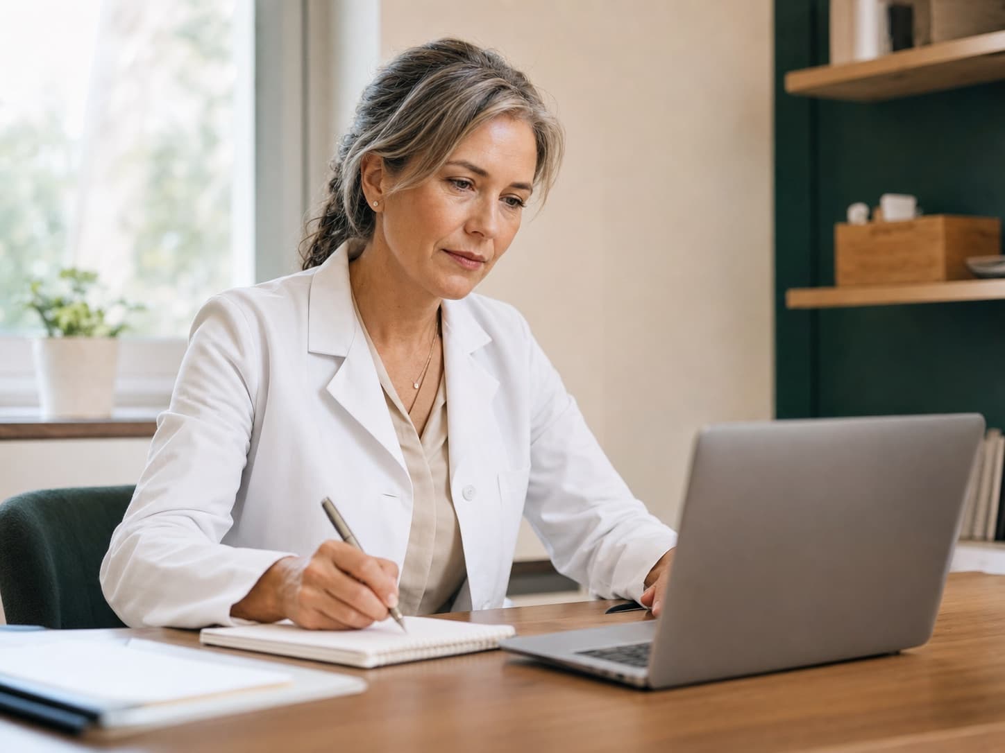 A clinician reviewing a patient file on a laptop in a quiet office