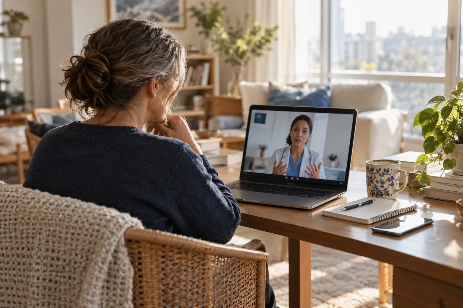 An adult at home during an online care visit