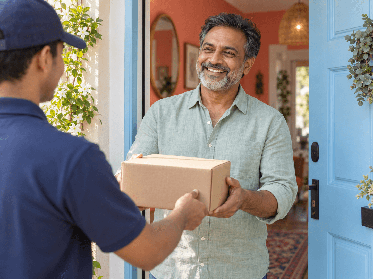 Man receiving a plain package at his front door