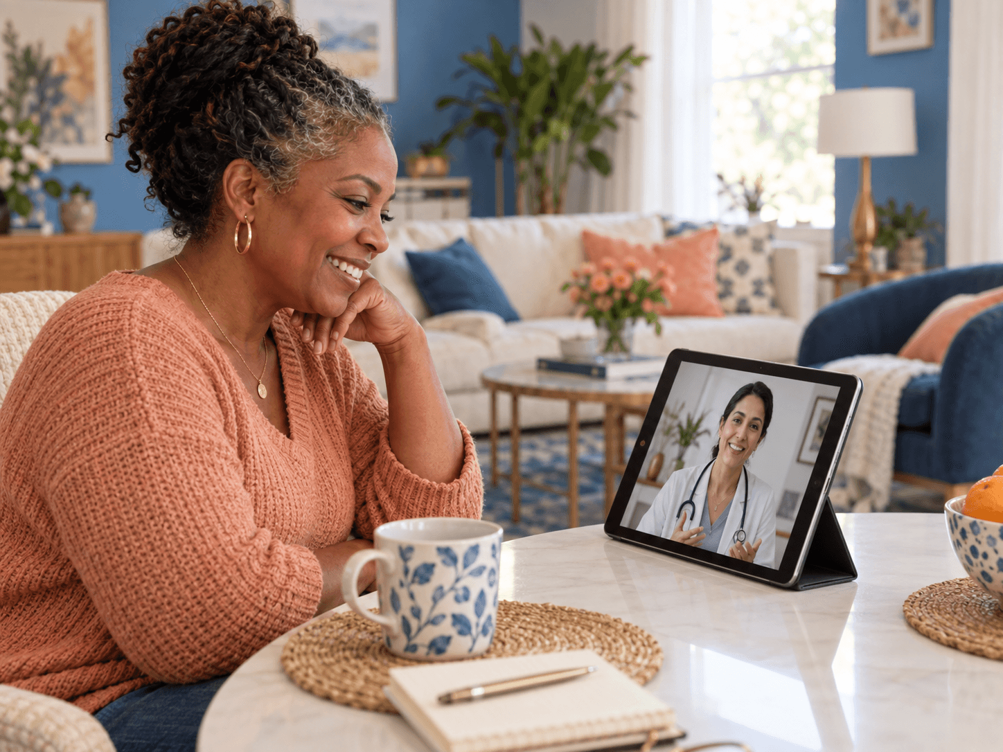 Woman speaking with a clinician by video from her home