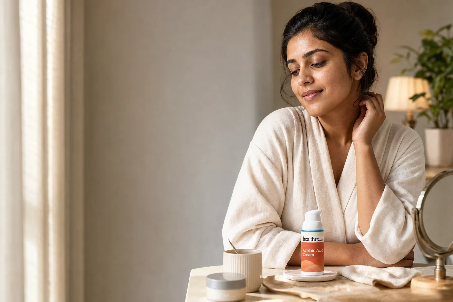 A woman in her early 30s during her evening skincare routine, with Azelaic Acid Cream