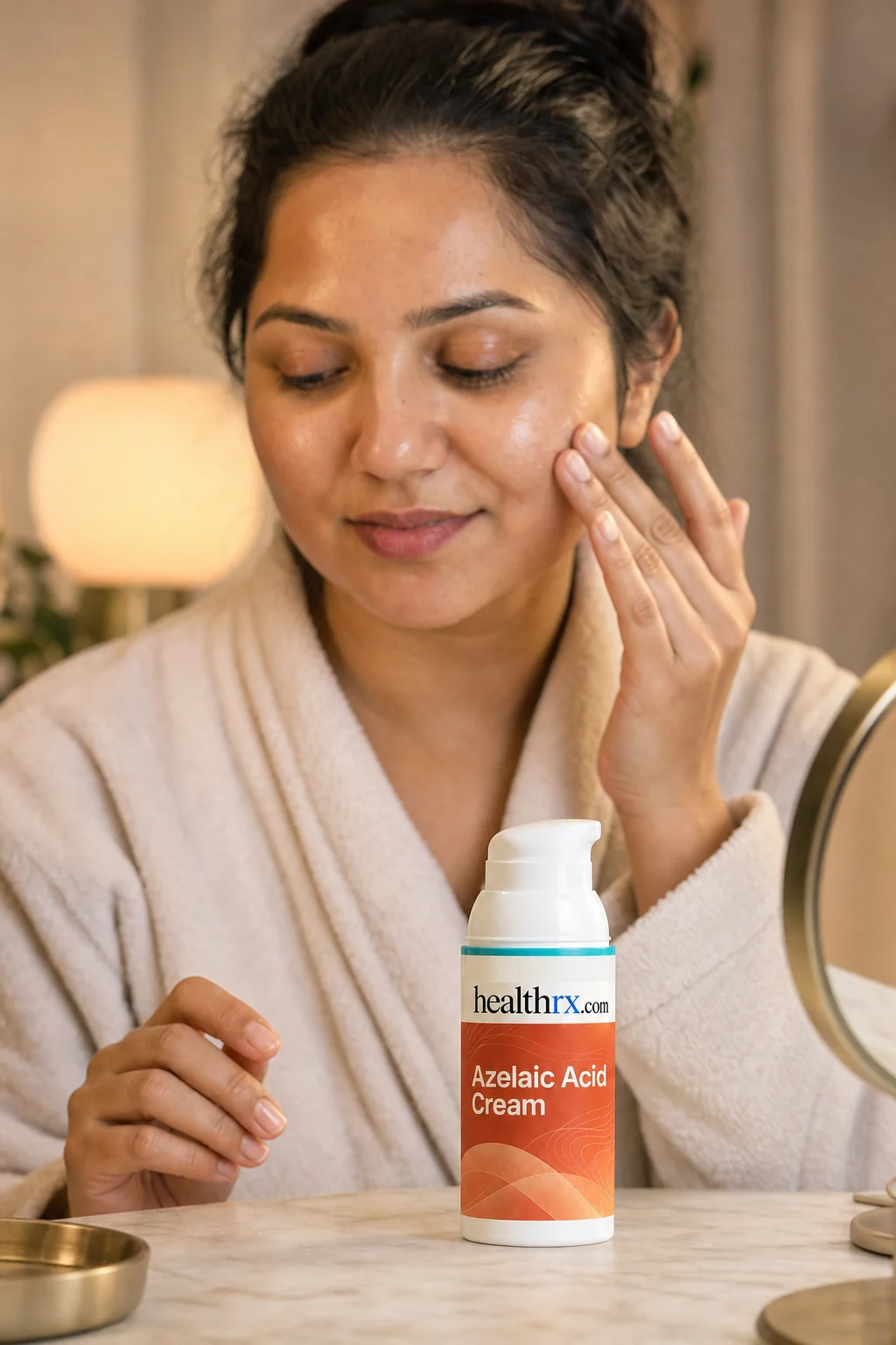 A woman in her early 30s during her evening skincare routine, with Azelaic Acid Cream close by
