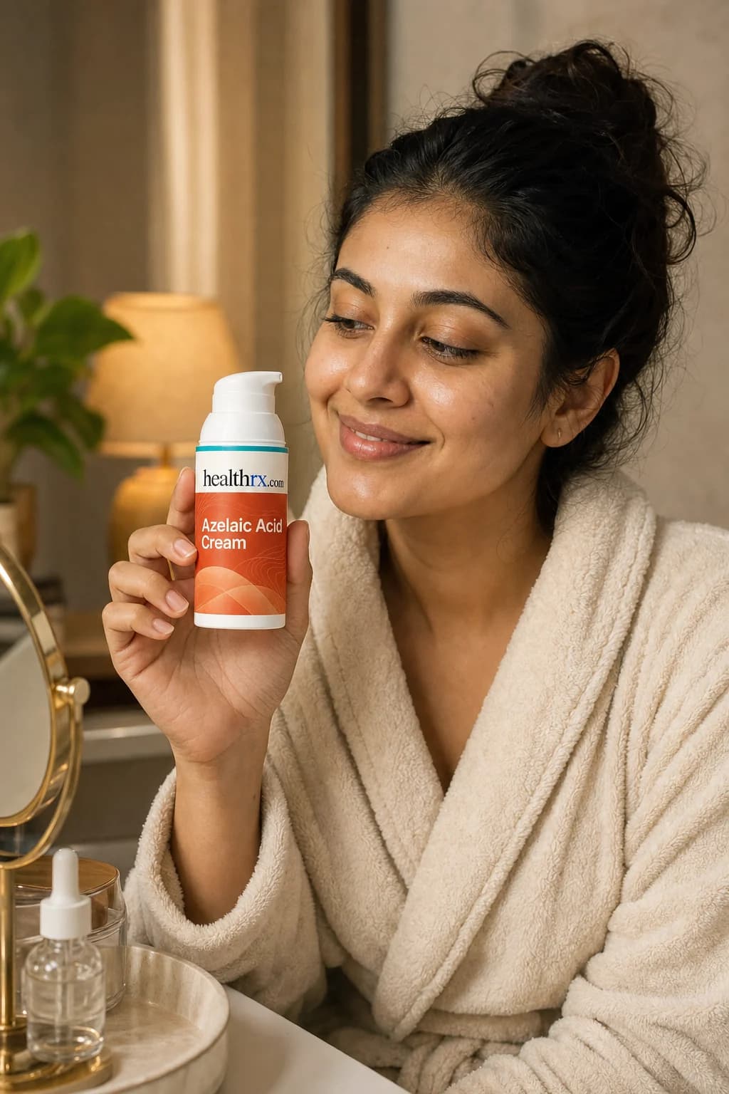 A woman in her early 30s during her evening skincare routine, with Azelaic Acid Cream