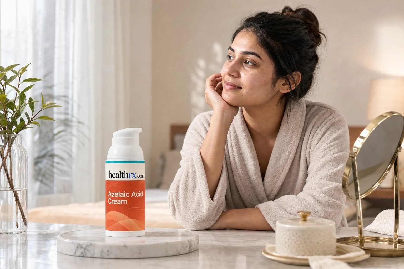 A woman in her early 30s during her evening skincare routine, with Azelaic Acid Cream in the foreground