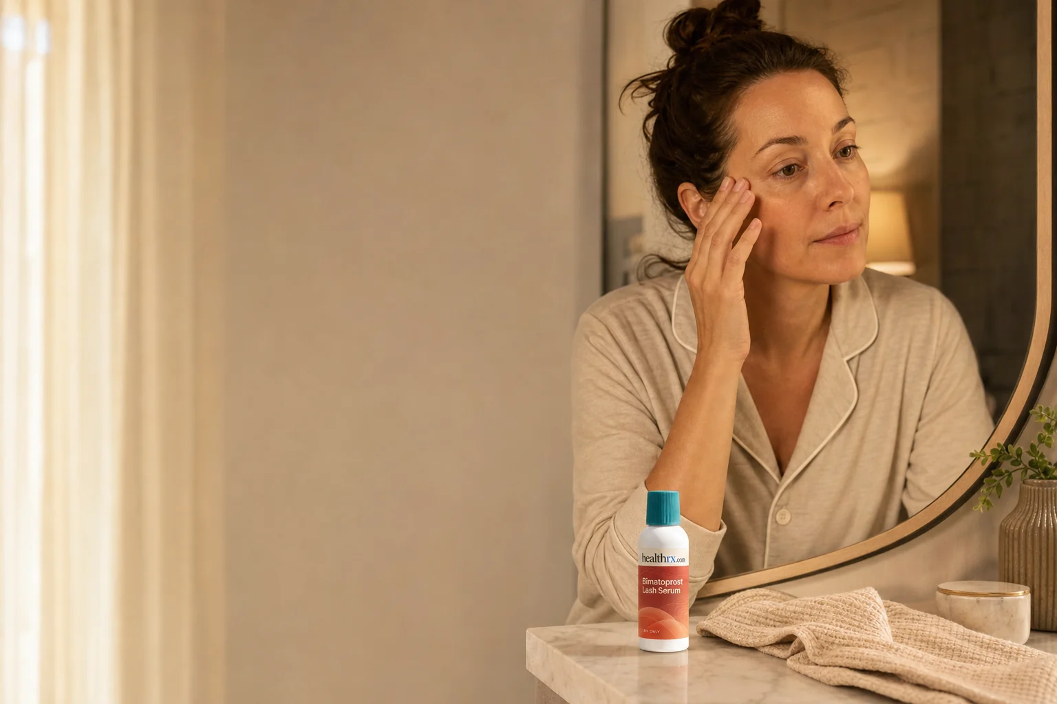 A woman in her late 30s during her routine before bed, with Bimatoprost Lash Serum