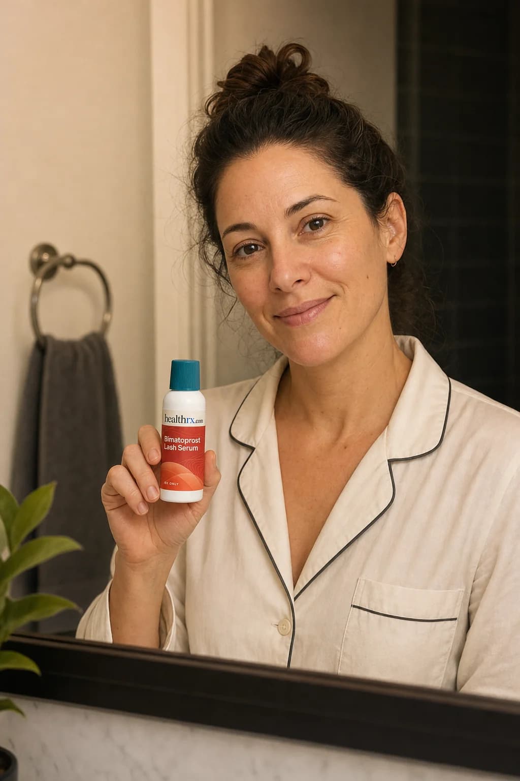 A woman in her late 30s during her routine before bed, with Bimatoprost Lash Serum