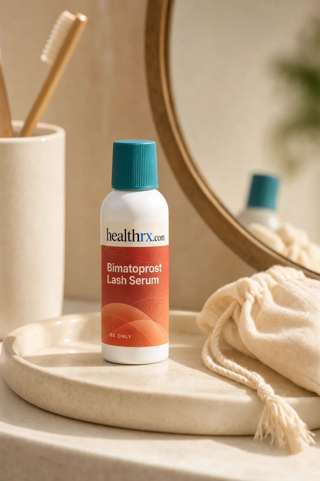 Bimatoprost Lash Serum on a bathroom vanity tray