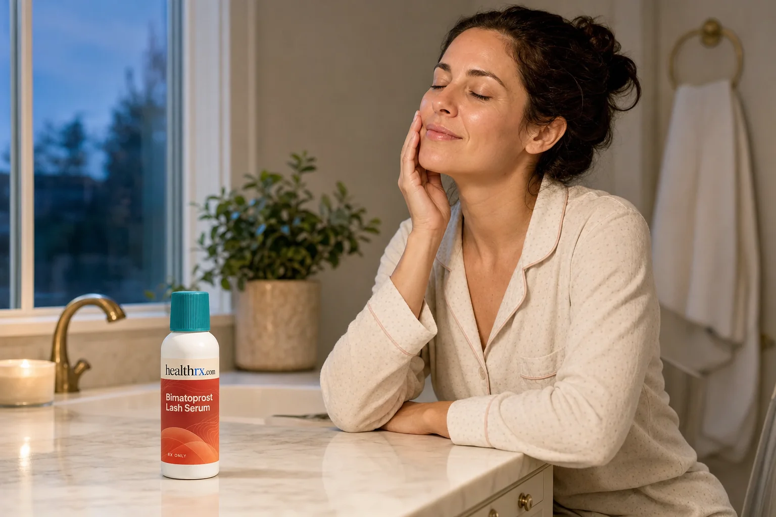 A woman in her late 30s during her routine before bed, with Bimatoprost Lash Serum in the foreground