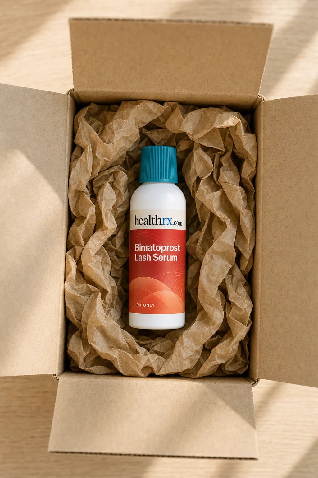 Bimatoprost Lash Serum inside a plain, unmarked shipping box