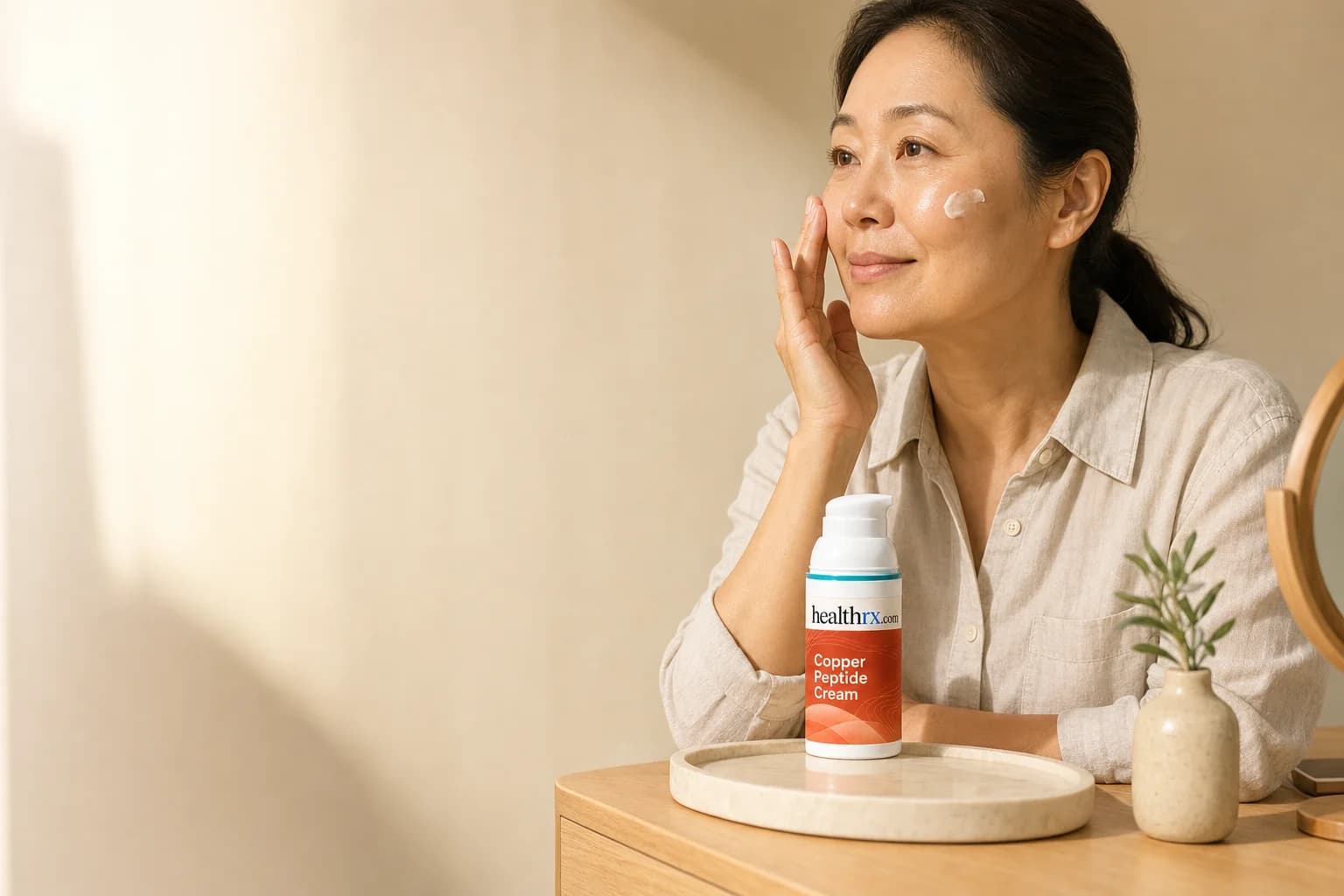 A woman in her early 50s during her morning skincare routine, with Copper Peptide Cream