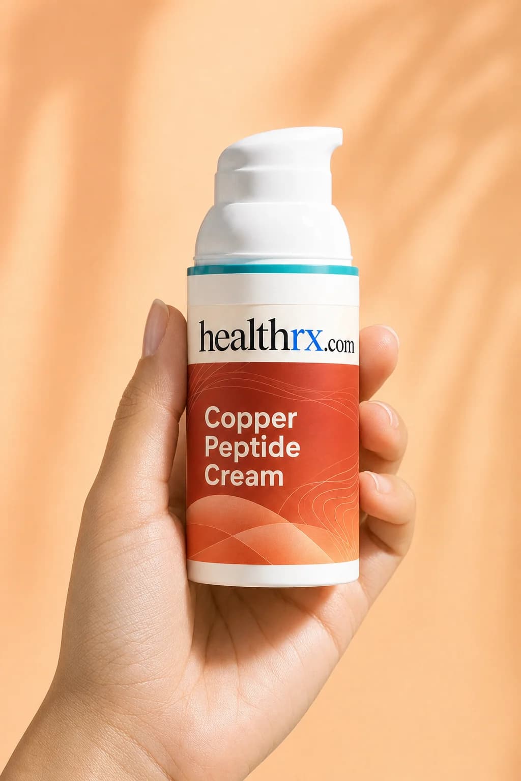 Copper Peptide Cream held in one hand, showing its size
