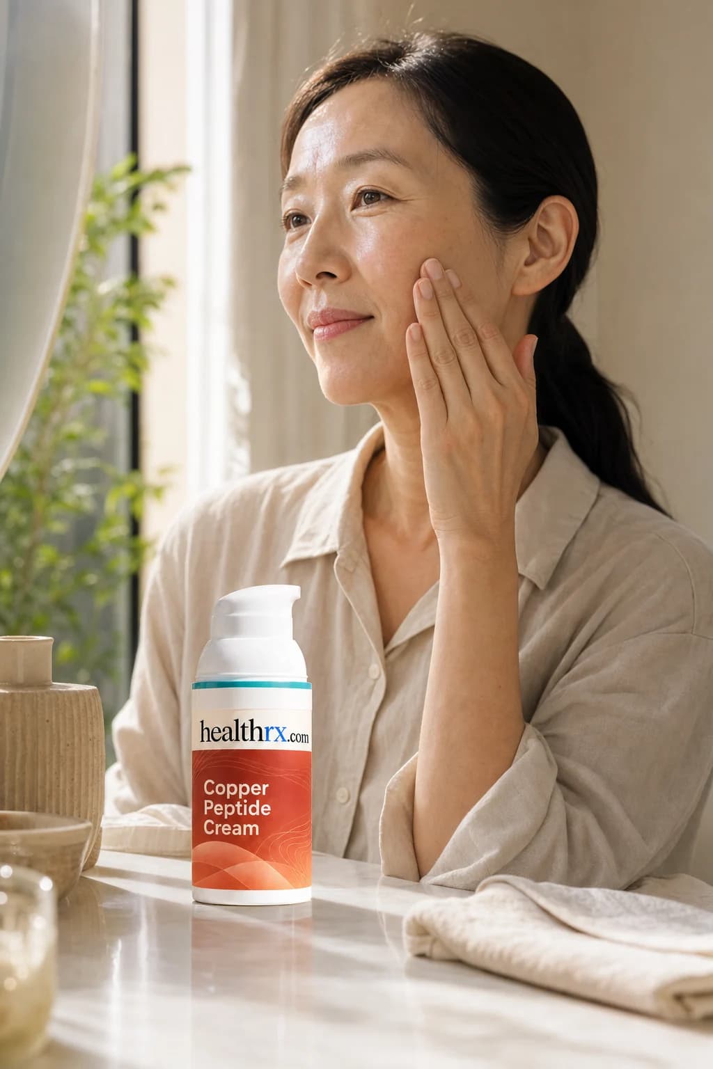 A woman in her early 50s during her morning skincare routine, with Copper Peptide Cream close by
