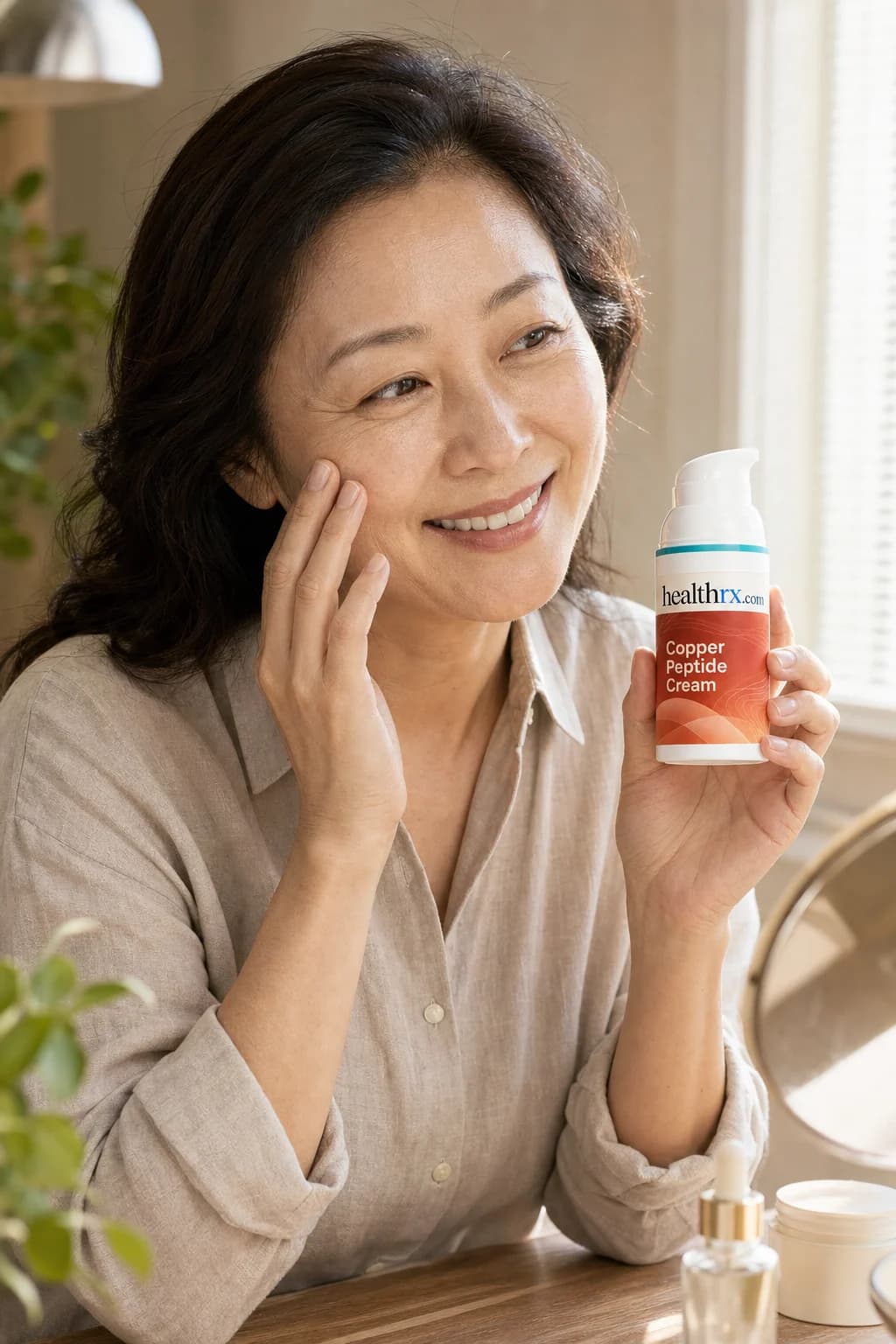 A woman in her early 50s during her morning skincare routine, with Copper Peptide Cream