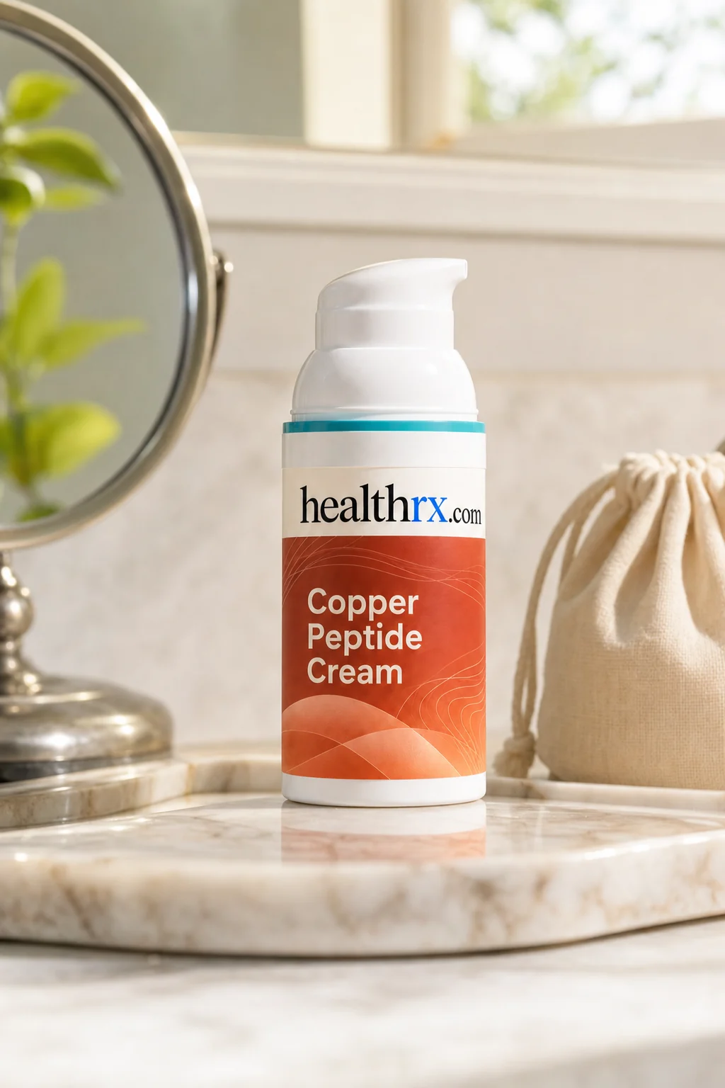 Copper Peptide Cream on a bathroom vanity tray