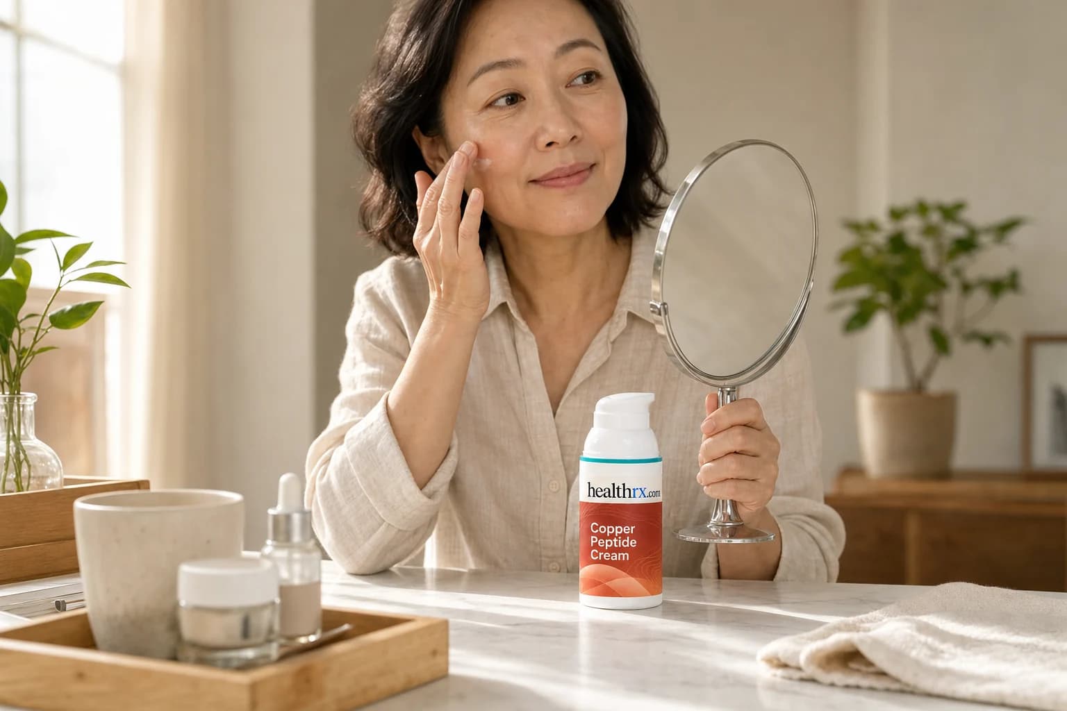 A woman in her early 50s during her morning skincare routine, with Copper Peptide Cream in the foreground