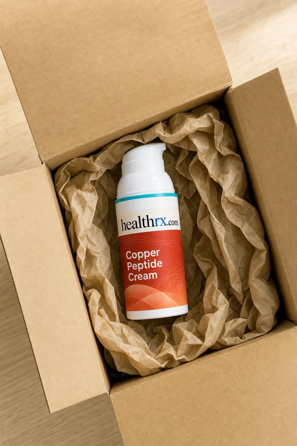 Copper Peptide Cream inside a plain, unmarked shipping box