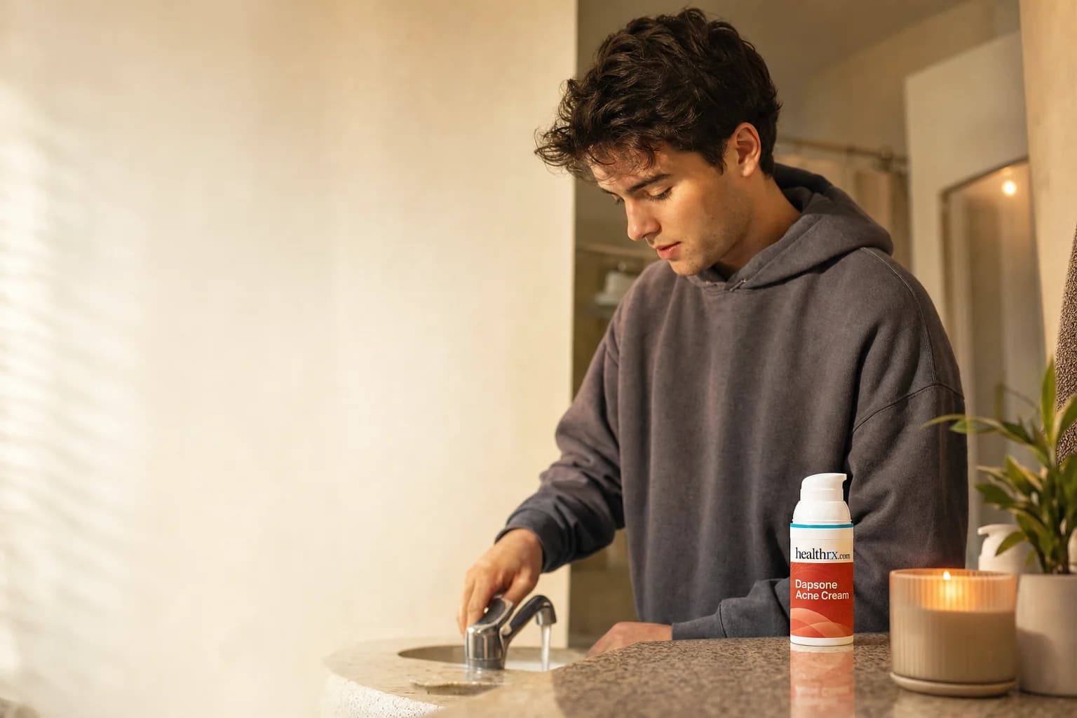 A young man during his evening routine at the bathroom sink, with Dapsone Acne Cream