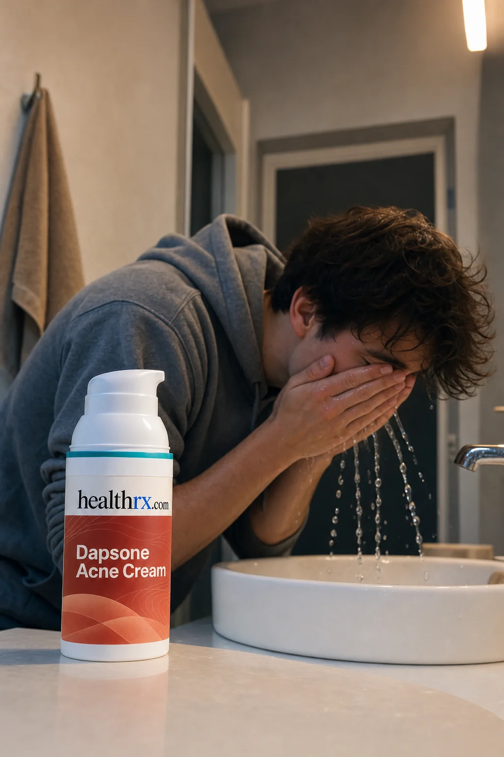 A young man during his evening routine at the bathroom sink, with Dapsone Acne Cream close by