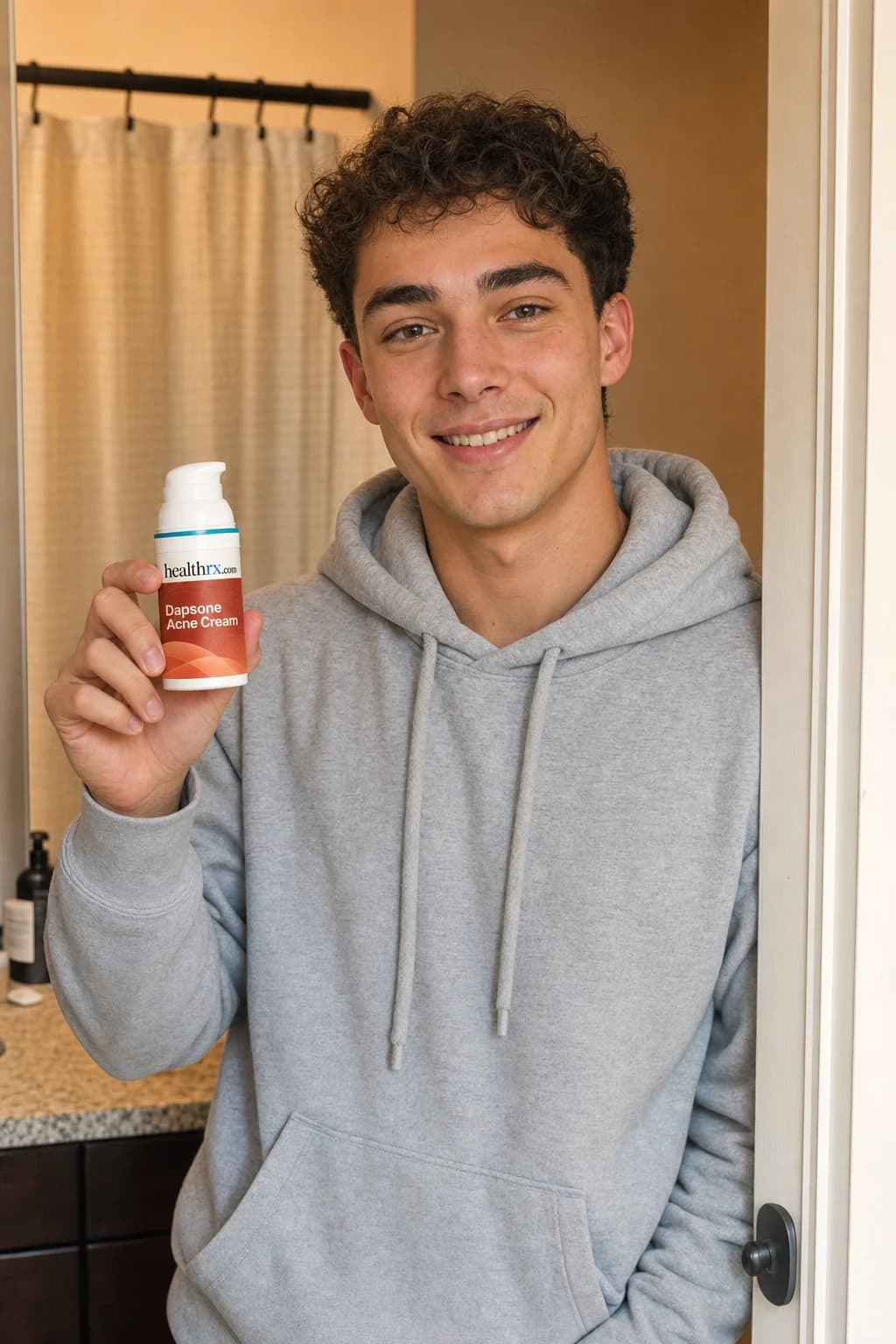 A young man during his evening routine at the bathroom sink, with Dapsone Acne Cream