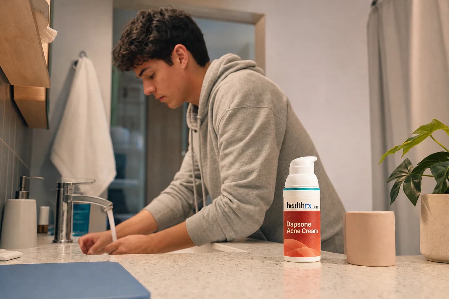 A young man during his evening routine at the bathroom sink, with Dapsone Acne Cream in the foreground