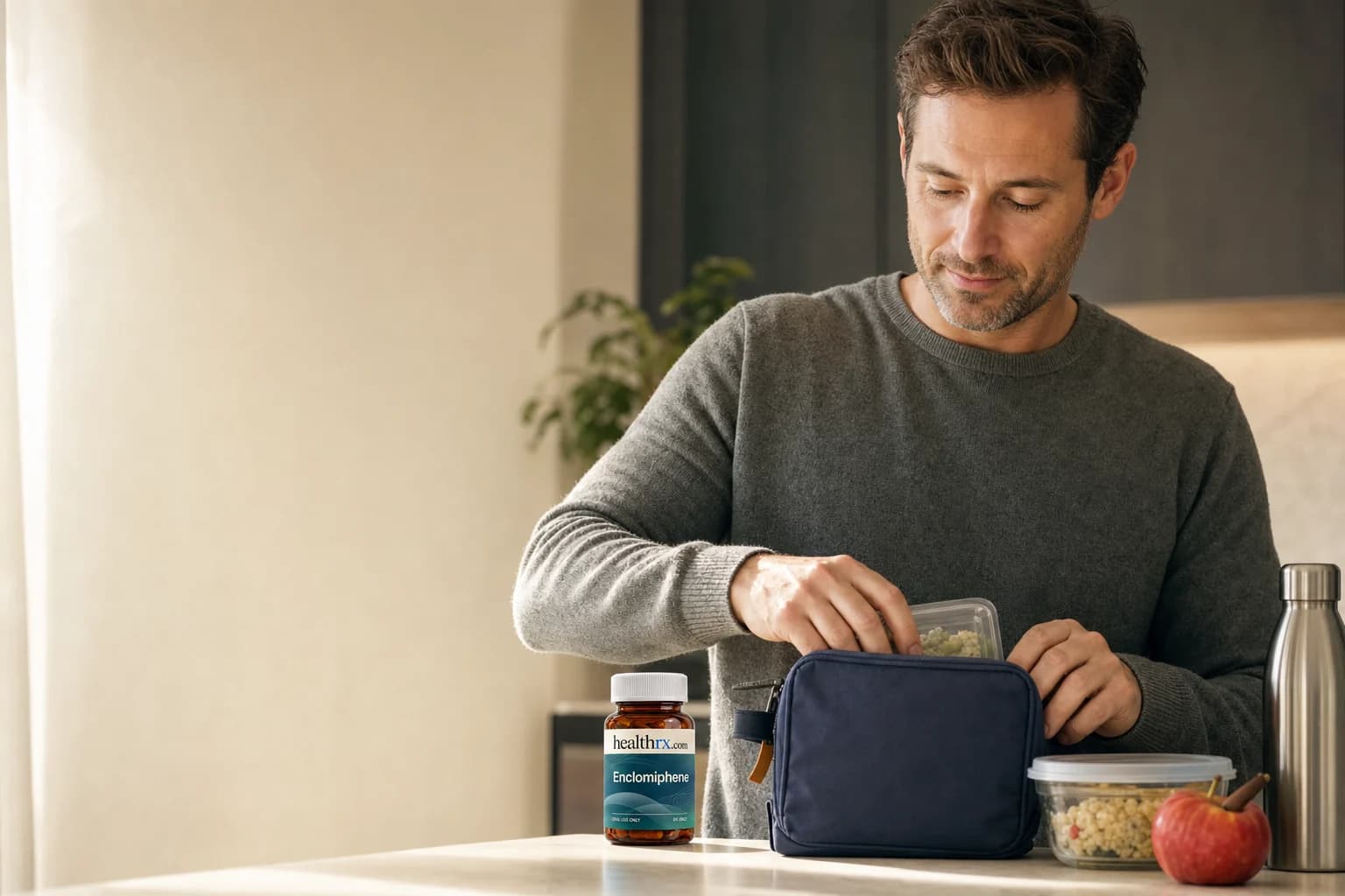 A man in his late 30s packing lunch before work, with Enclomiphene