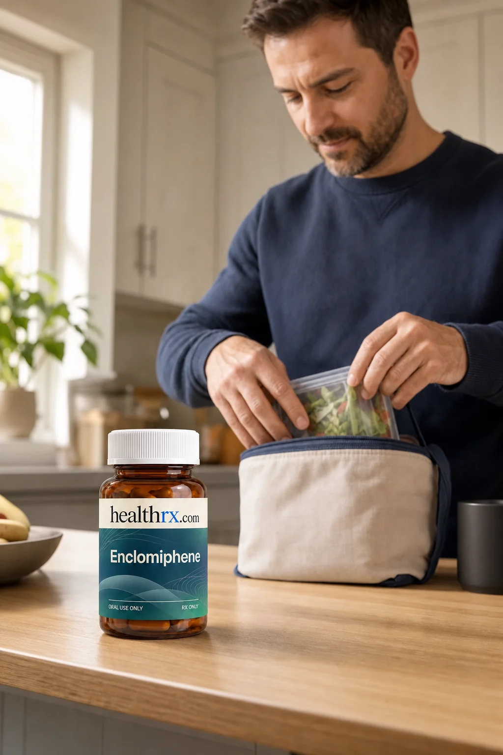 A man in his late 30s packing lunch before work, with Enclomiphene close by