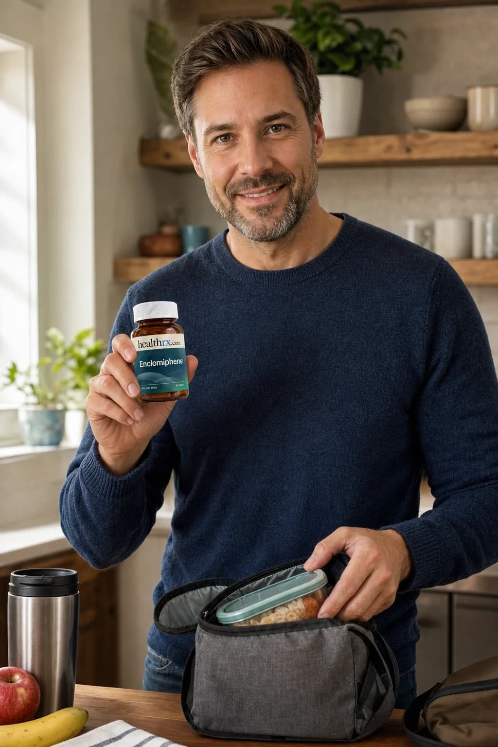 A man in his late 30s packing lunch before work, with Enclomiphene