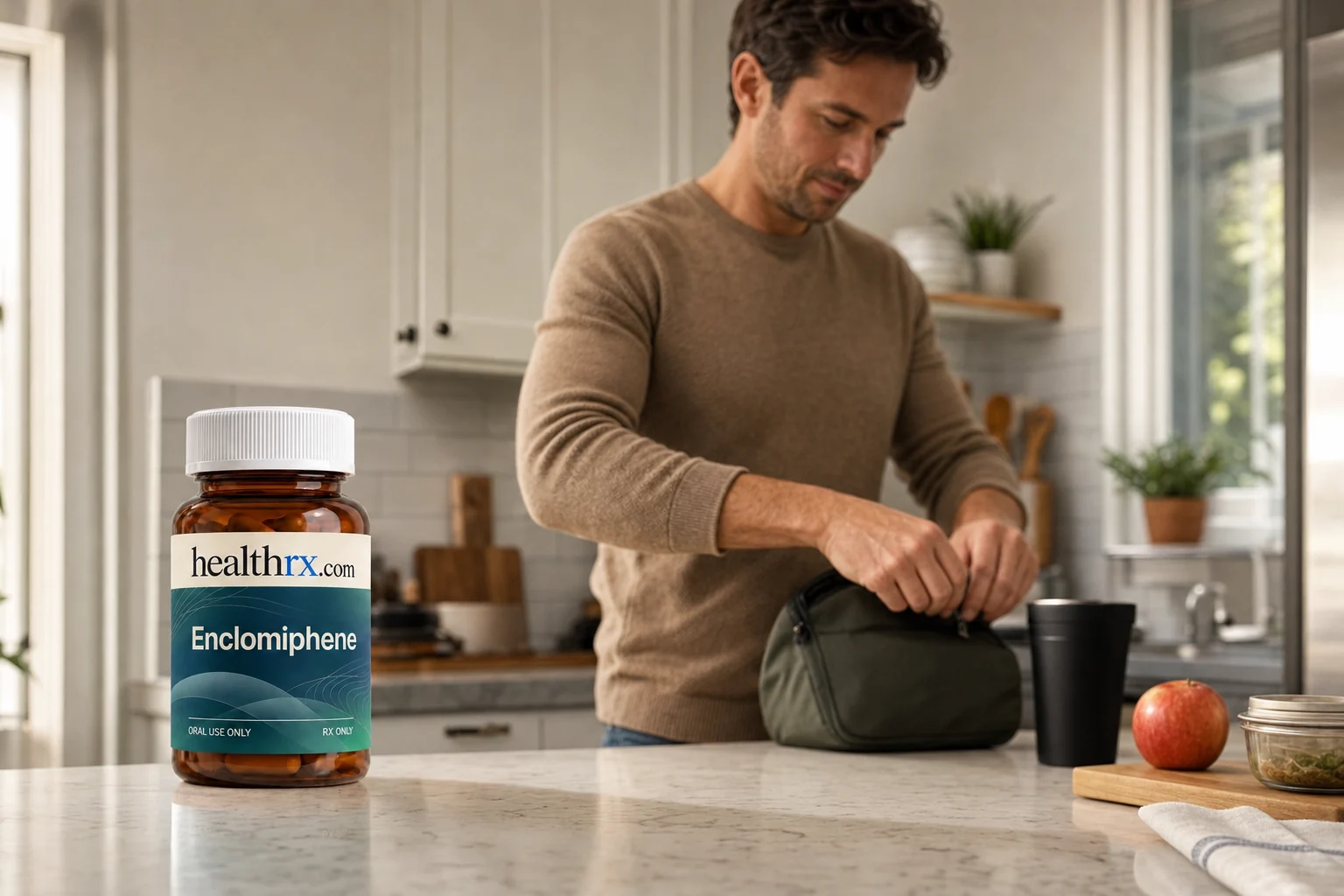 A man in his late 30s packing lunch before work, with Enclomiphene in the foreground