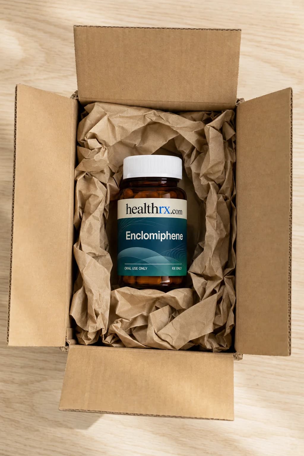 Enclomiphene inside a plain, unmarked shipping box