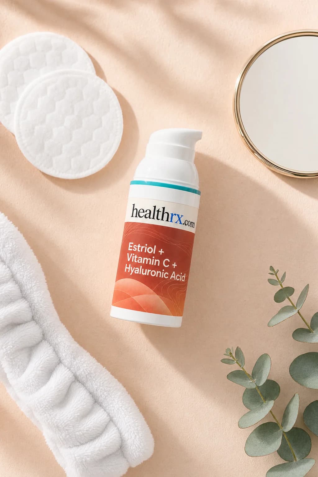 Estriol / Vitamin C / Hyaluronic Acid laid flat among everyday things