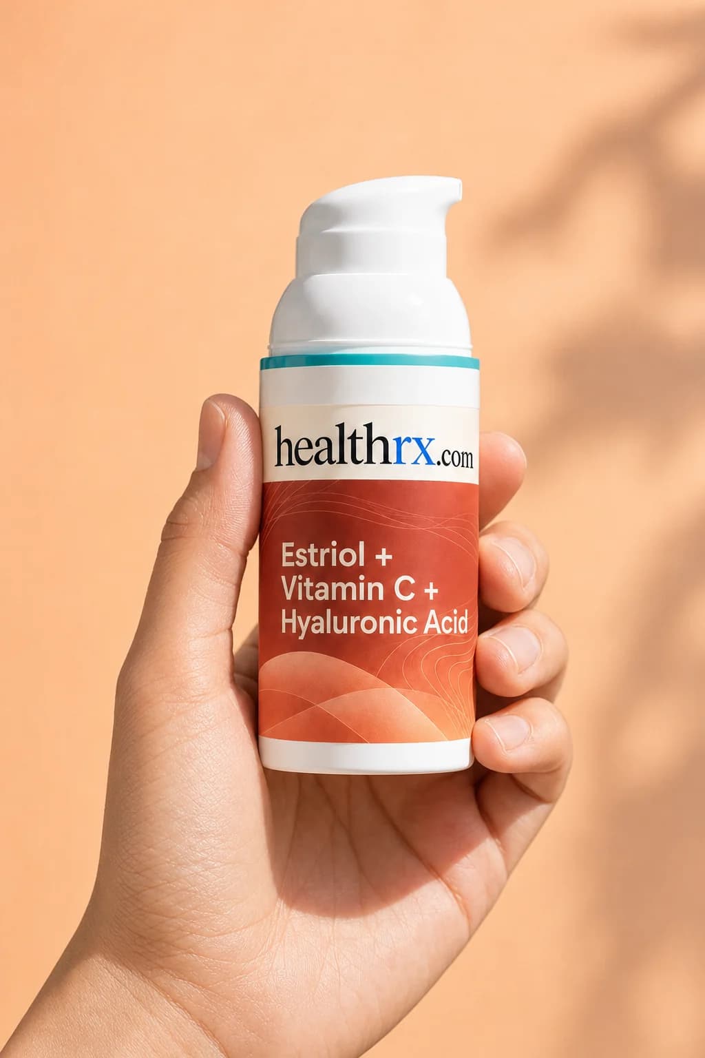 Estriol / Vitamin C / Hyaluronic Acid held in one hand, showing its size