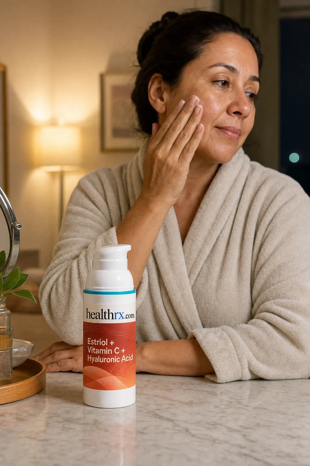 A woman in her early 50s during her evening skincare routine, with Estriol / Vitamin C / Hyaluronic Acid close by