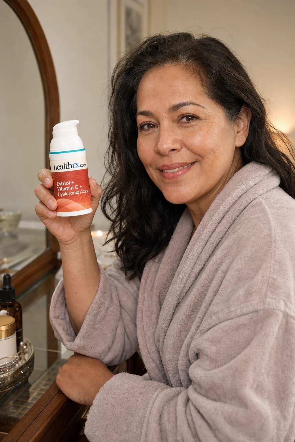 A woman in her early 50s during her evening skincare routine, with Estriol / Vitamin C / Hyaluronic Acid