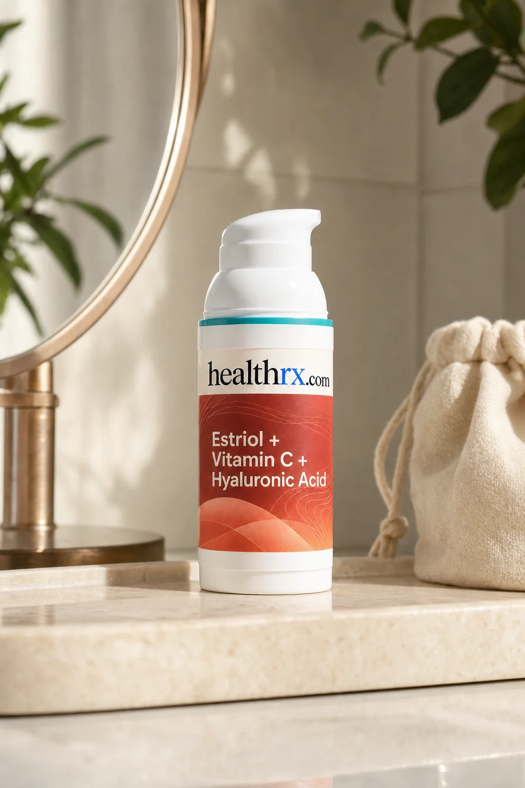 Estriol / Vitamin C / Hyaluronic Acid on a bathroom vanity tray