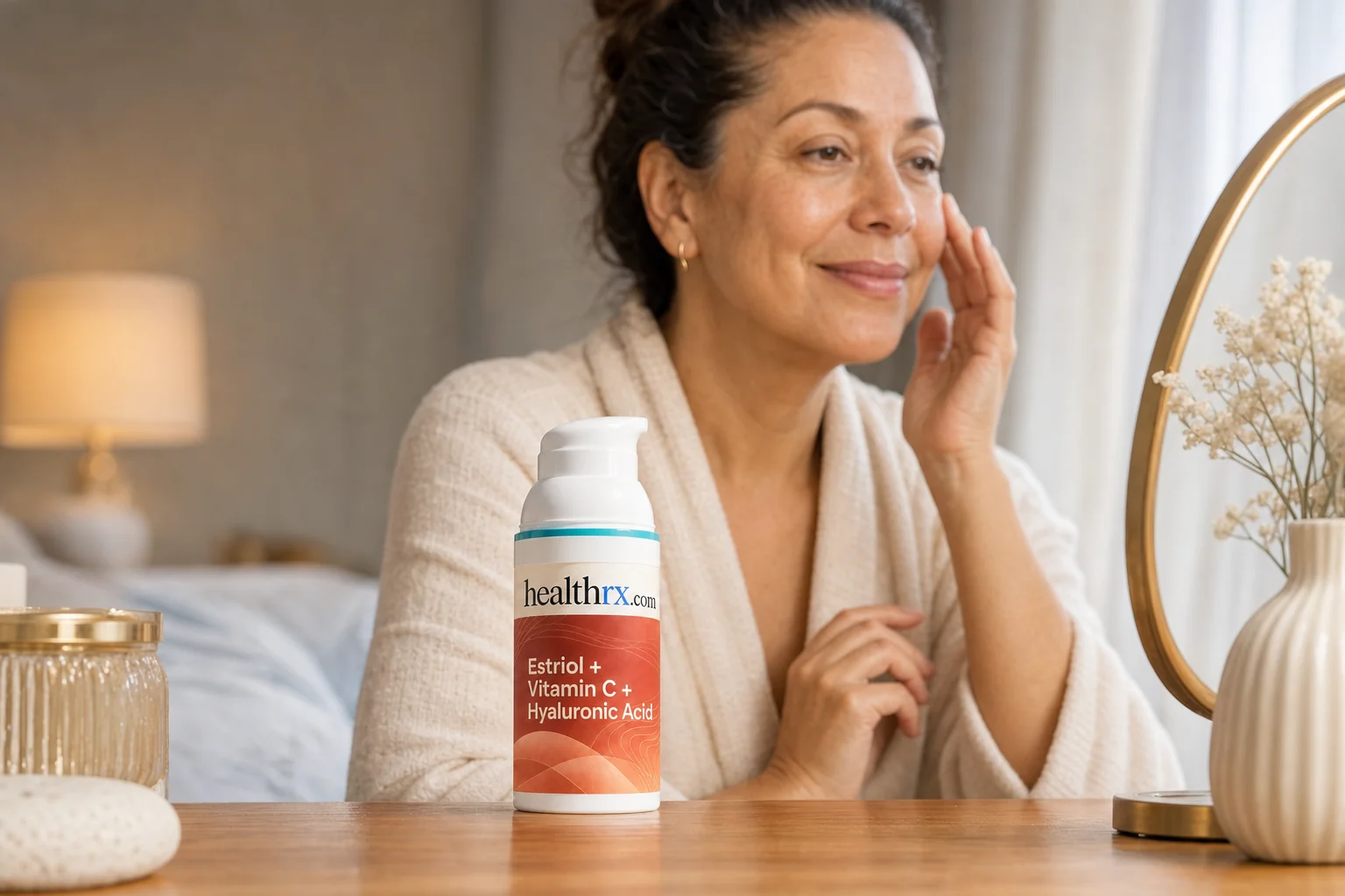 A woman in her early 50s during her evening skincare routine, with Estriol / Vitamin C / Hyaluronic Acid in the foreground
