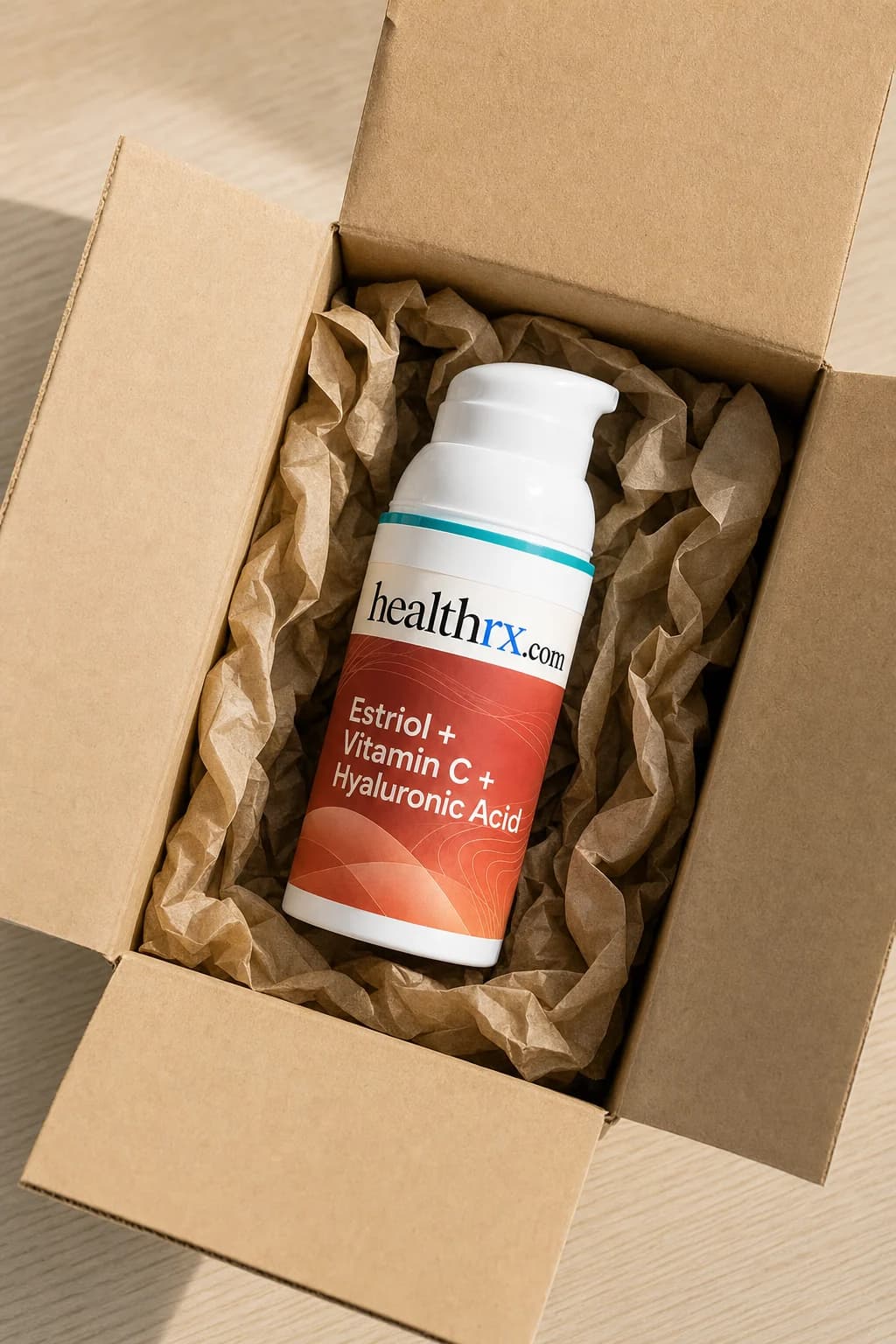 Estriol / Vitamin C / Hyaluronic Acid inside a plain, unmarked shipping box