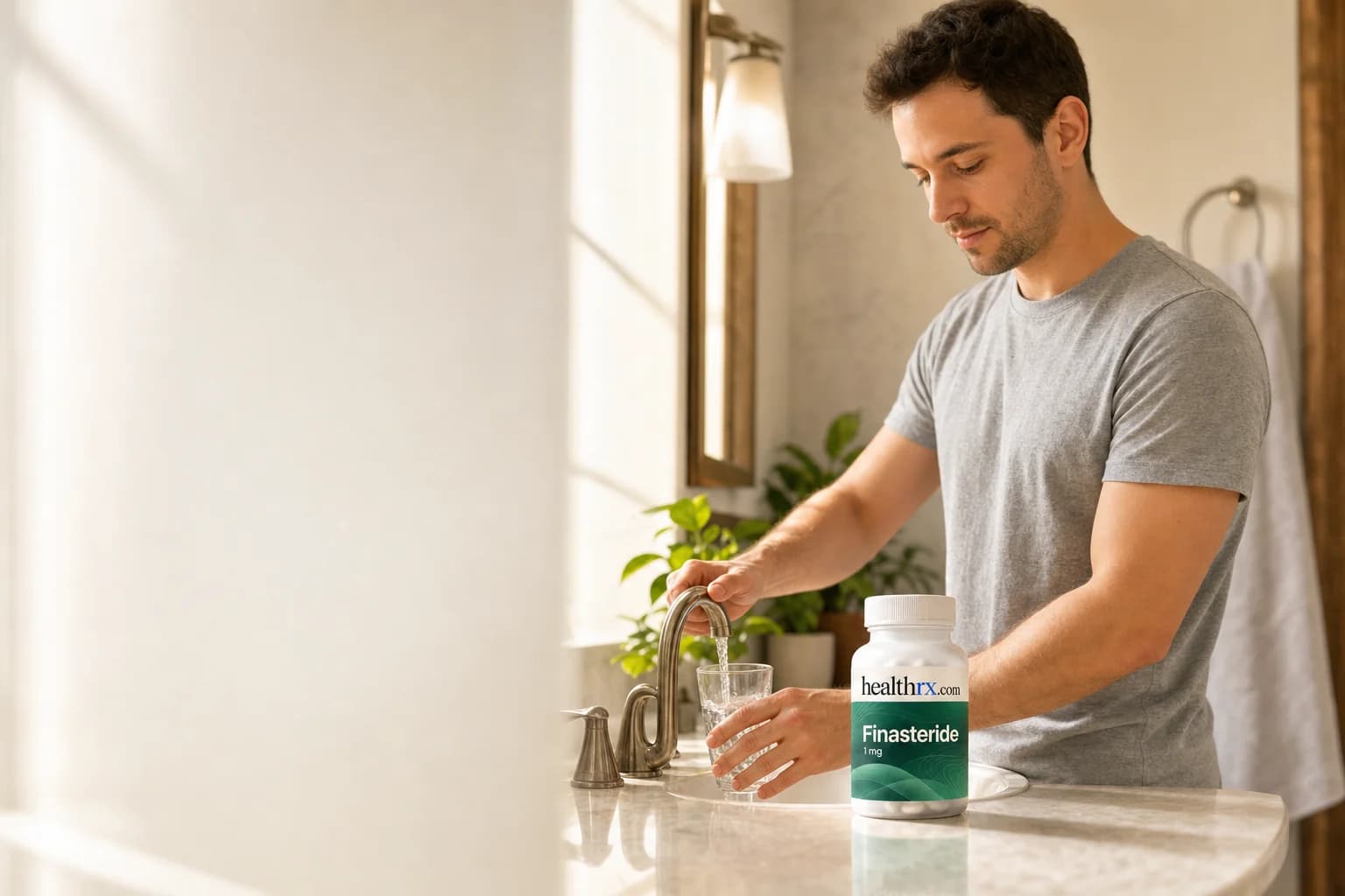 A man in his early 30s during his morning routine, with Finasteride 1mg