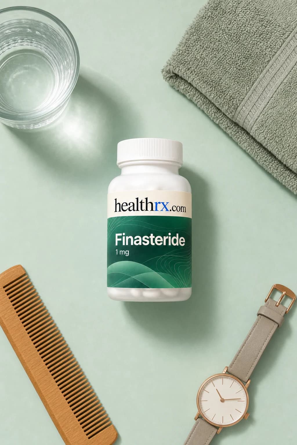Finasteride 1mg laid flat among everyday things