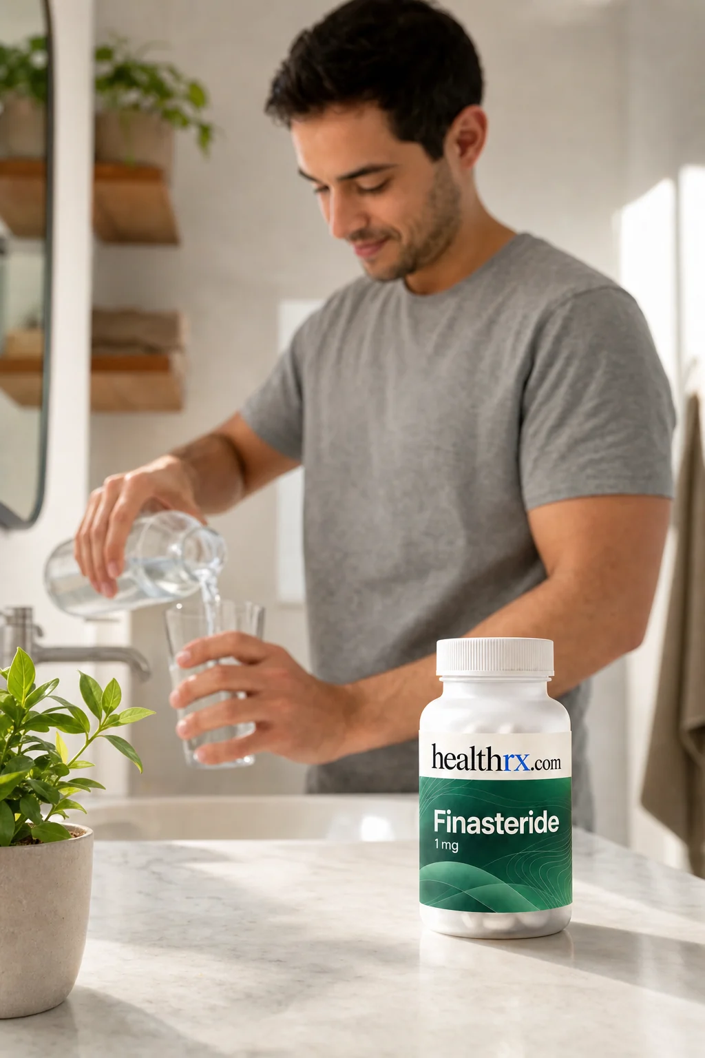 A man in his early 30s during his morning routine, with Finasteride 1mg close by