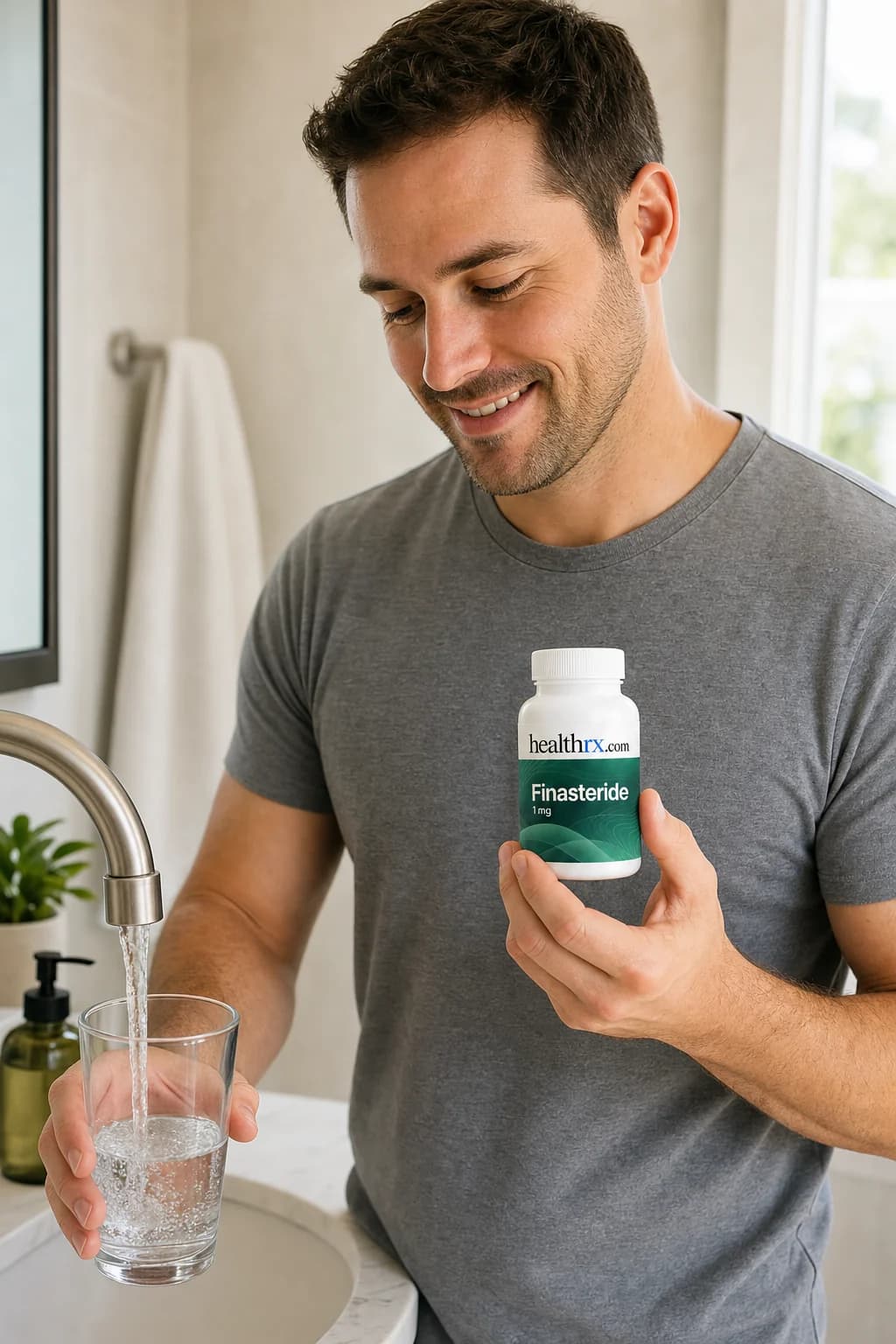 A man in his early 30s during his morning routine, with Finasteride 1mg