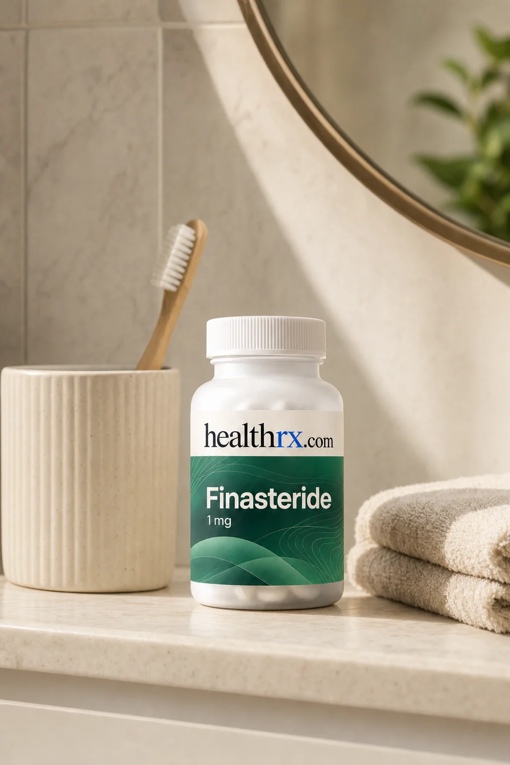 Finasteride 1mg on a bathroom shelf