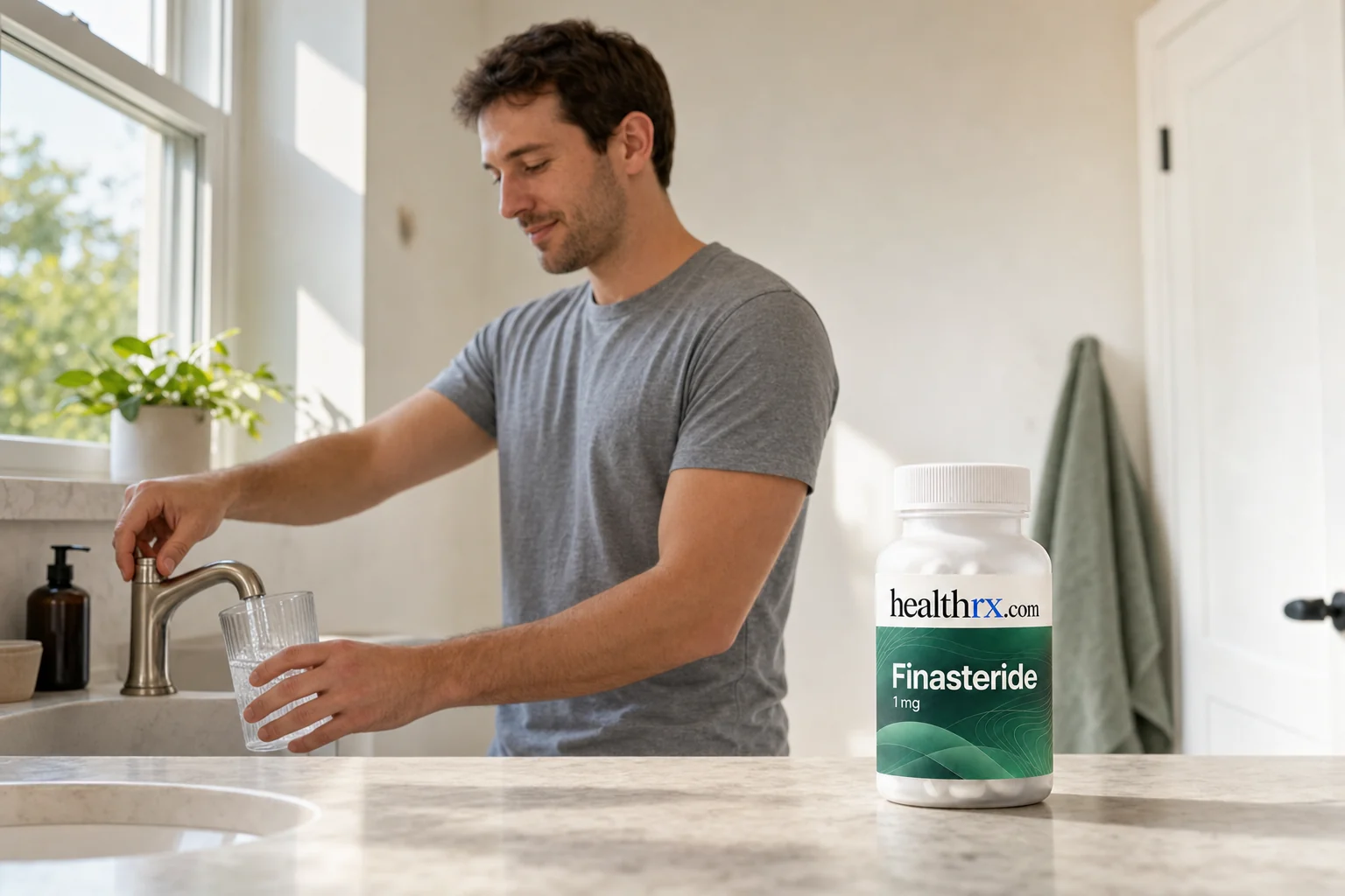 A man in his early 30s during his morning routine, with Finasteride 1mg in the foreground