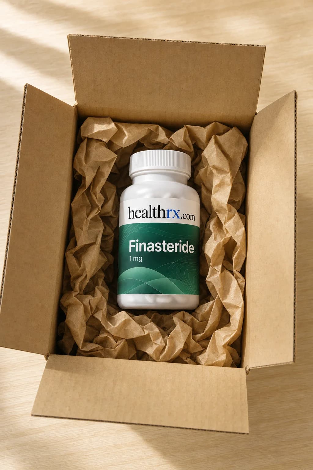 Finasteride 1mg inside a plain, unmarked shipping box