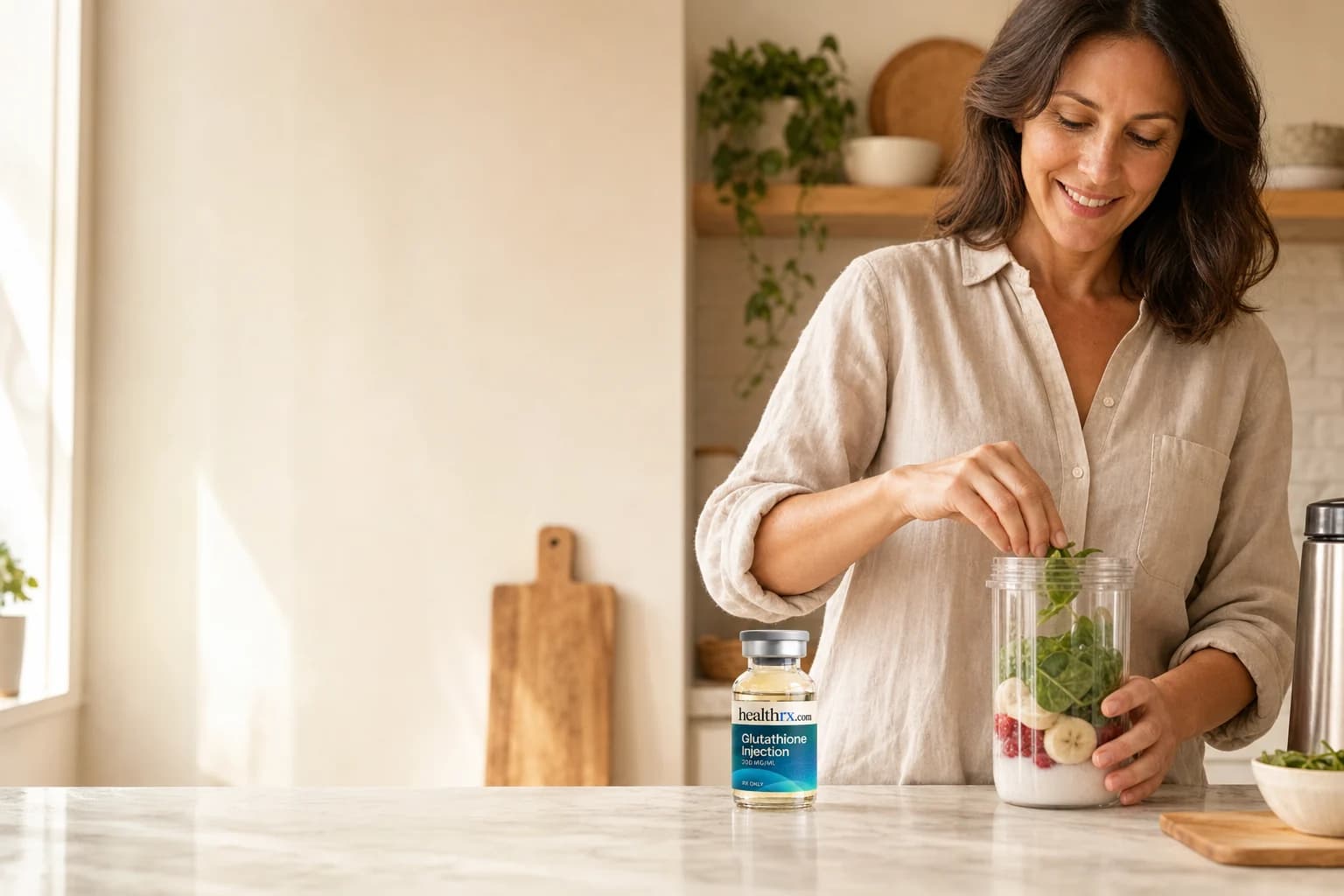 A woman in her early 40s making a smoothie, with Glutathione Injection