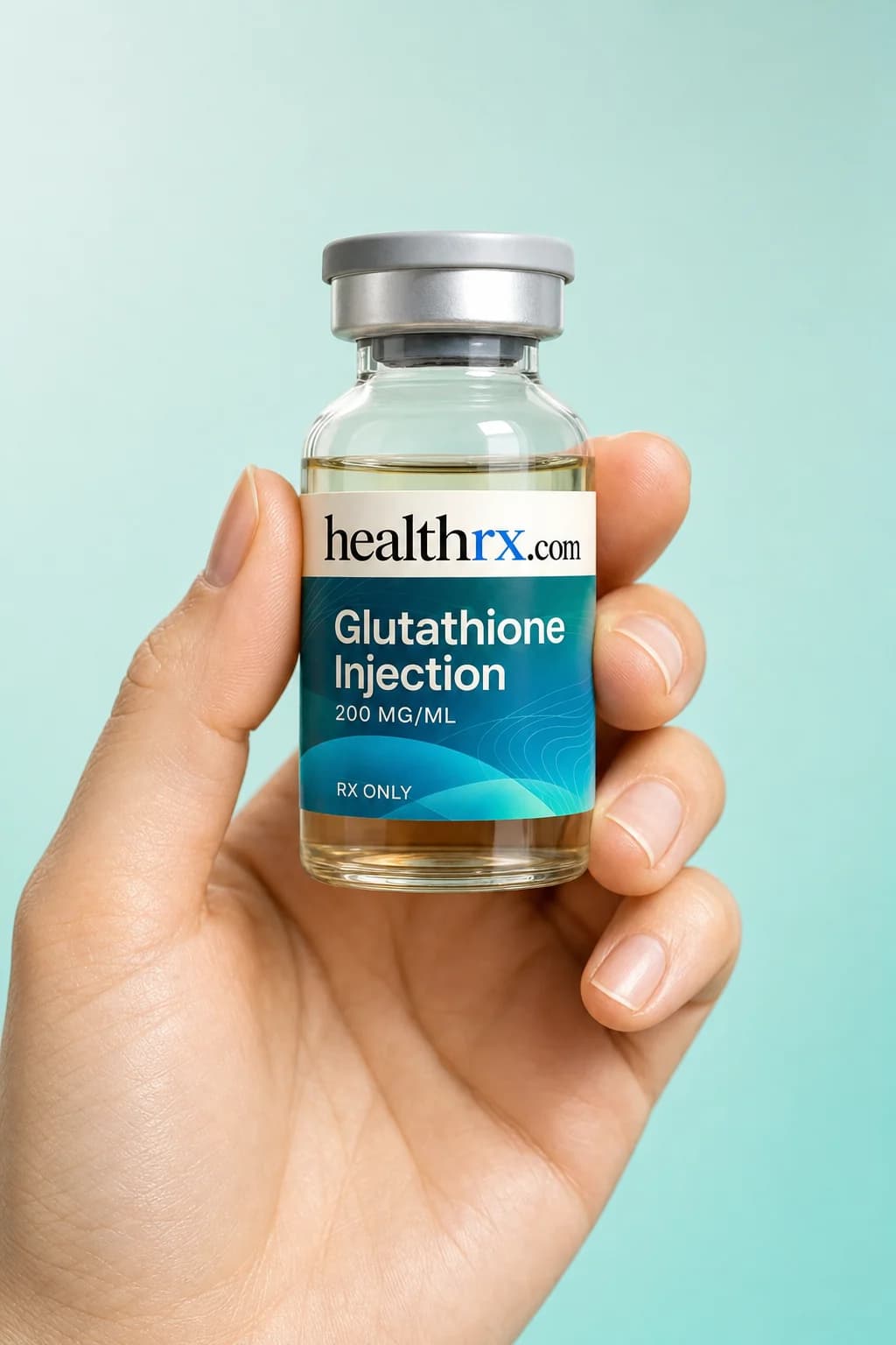 Glutathione Injection held in one hand, showing its size