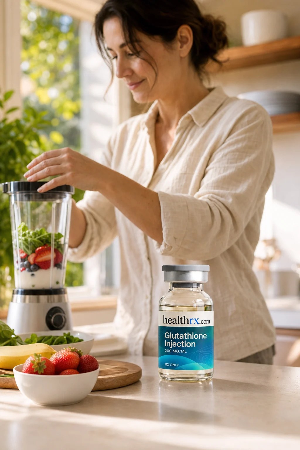 A woman in her early 40s making a smoothie, with Glutathione Injection close by