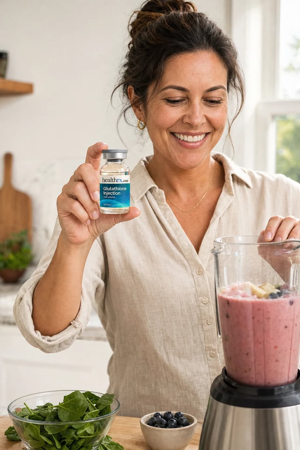 A woman in her early 40s making a smoothie, with Glutathione Injection