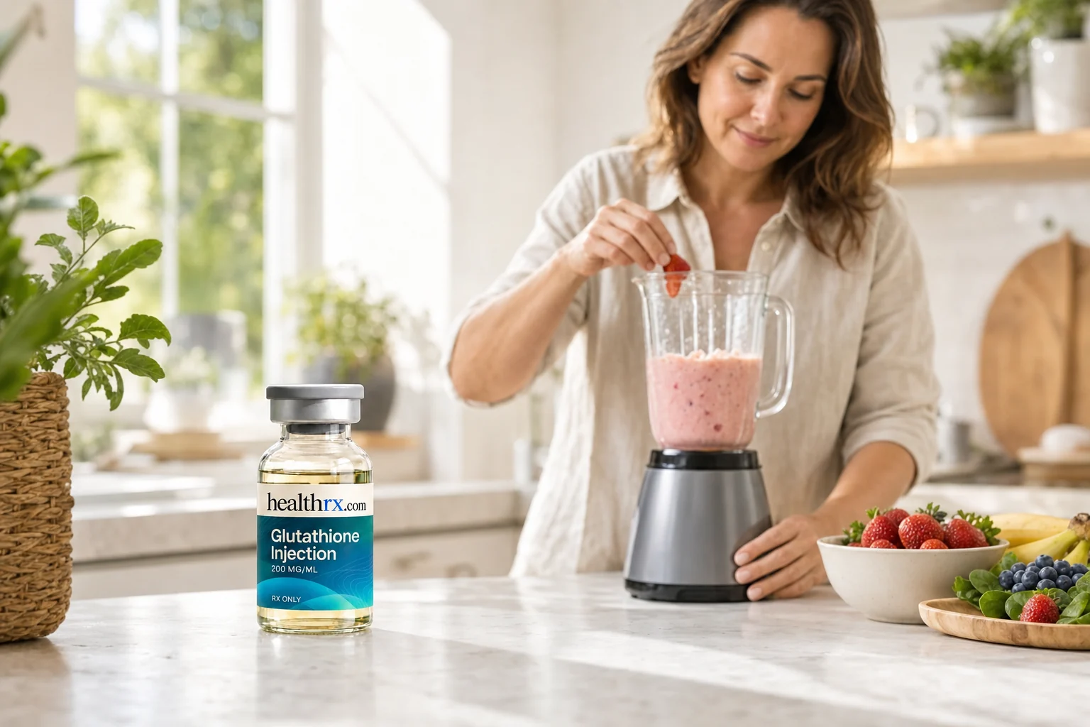 A woman in her early 40s making a smoothie, with Glutathione Injection in the foreground