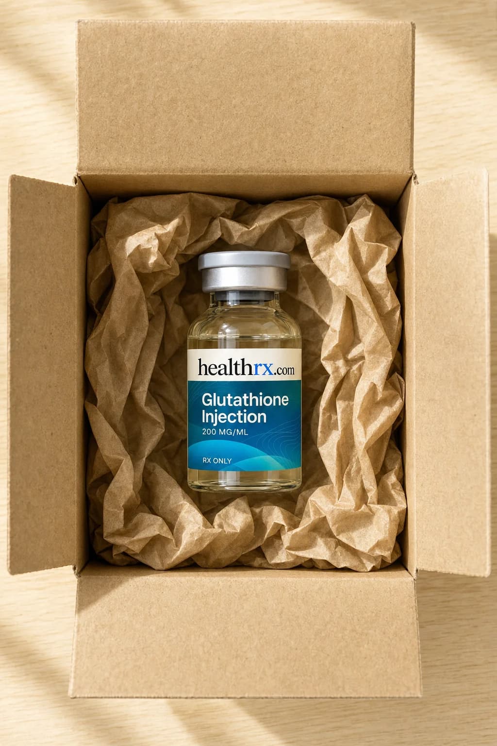 Glutathione Injection inside a plain, unmarked shipping box