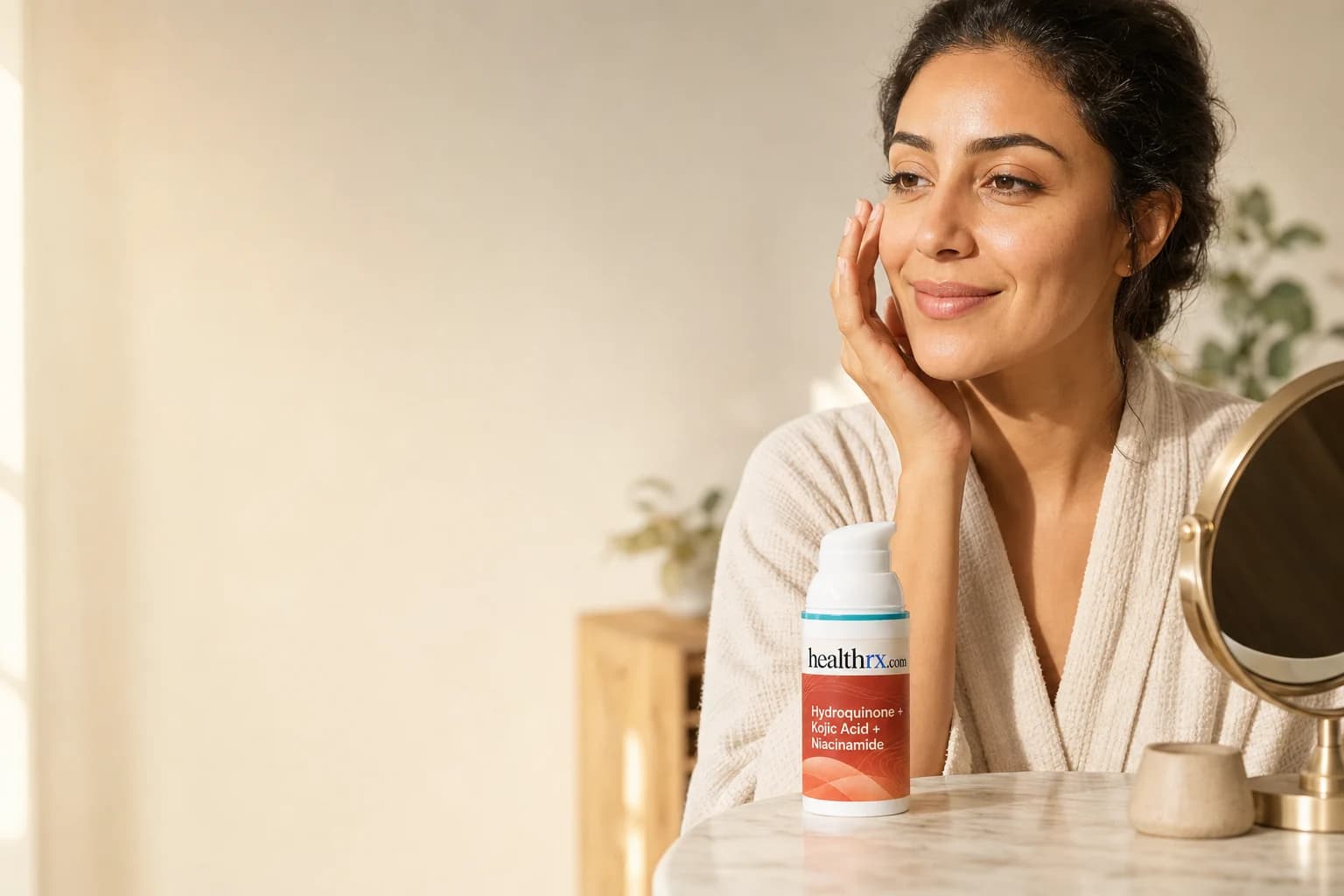 A woman in her mid 30s during her morning skincare routine, with Hydroquinone / Kojic Acid / Niacinamide